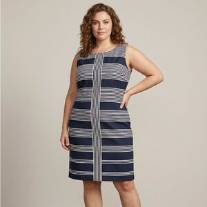 NWT Taylor Woman Navy White Striped Sheath Dress 24W Sleeveless Career